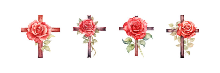 Wooden Christian cross and rose watercolor set. Vector isolated abstract graphic. - obrazy, fototapety, plakaty
