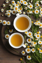 Overhead View of Chamomile Tea in White Cups Amidst Blooming Daisies
