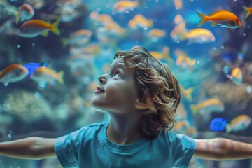 Young boy in a blue shirt seems enchanted by the myriad of colorful fish swimming in a large aquarium
