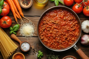 Top view of a cooking pan full of homemade bolognese sauce  - Powered by Adobe