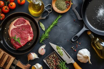 Top view of a dark gray kitchen countertop full of food and kitchen utensils for cooking and seasoning a beef steak