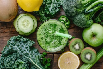 Top view of a drinking glass full of green detox juice with a drinking straw  - obrazy, fototapety, plakaty