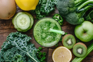 Fotobehang Top view of a drinking glass full of green detox juice with a drinking straw  © Straxer