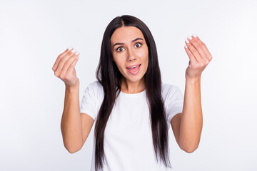 Photo portrait of woman nervous irritated explaining got quarrel isolated on white color background