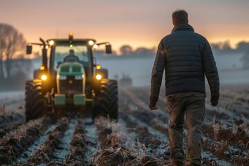 A farmer walks towards a modern tractor in a frost-covered field during early morning, showcasing rural life and agriculture