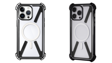 Mockup of a transparent protective phone case with a black border around the camera