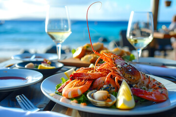 seafood plate with wine on a sea background.restaurant on the beach concept. fresh