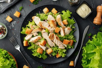 Top view of a fresh homemade chicken salad on a black plate 