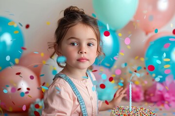 Fototapeta na wymiar A sweet little girl looks calmly ahead with a small birthday candle lit in front of her amidst a backdrop of balloons