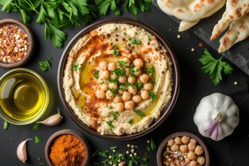 Top view of a homemade hummus surrounded by the ingredients for cooking and seasoning the dipping sauce 