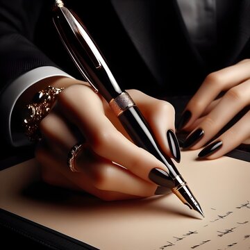 Elegant lady hand writing on paper with posh looking pen, penmanship or handwriting analysis concept