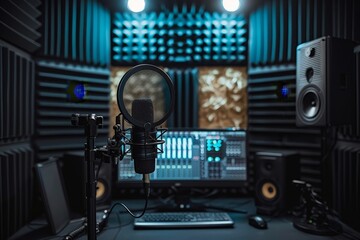 Fototapeta na wymiar Professional recording studio view with a prominent microphone setup in front of soundproof foam and studio monitors