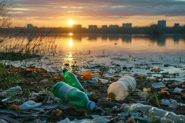Obraz premium Plastic trash on the river bank against sunset background