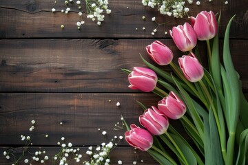 Top view of a pink tulips bunch on a dark brown wooden plank. 