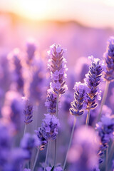 Fototapeta premium Lavender flowers against a beautiful pink sunset background
