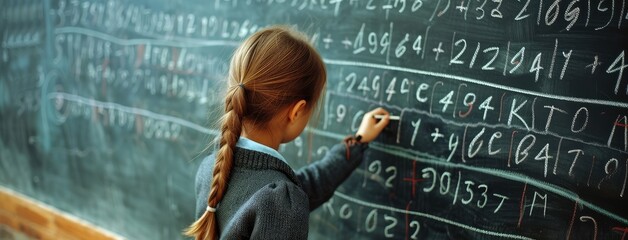 Young Girl Solving Complex Math Equations On Chalkboard