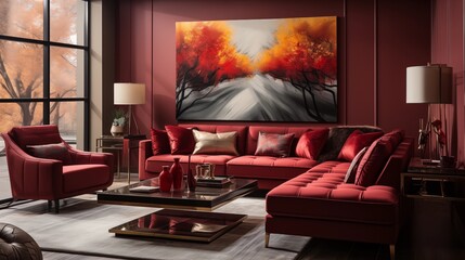 Opulent Crimson and Gold Living Room