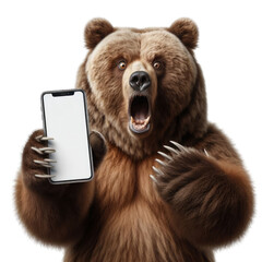 Grizzly bear Smartphone Roar - A bear expressing surprise while holding a smartphone, an entertaining perspective for tech ads. Ideas for surprised, sale, shocking, wow, special and discount.