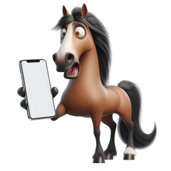 Cartoon Horse with Smartphone - An animated horse character looking surprised while holding a mobile phone. Ideas for surprised, sale, shocking, wow, special and discount.