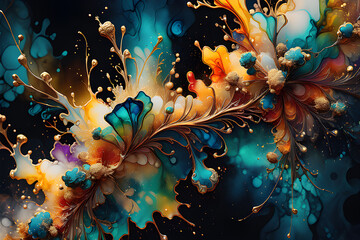 water splash painting in neon colors of gold, cyan, orange and purple and abstract floral patterns on a black background