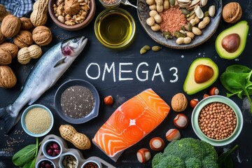 Top view of an assortment of food rich in Omega-3 