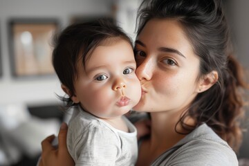 A tender moment between a mother and her baby as she kisses the child’s cheek, showing affection and care