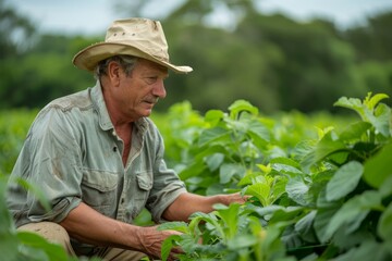 Senior farmer wearing a weathered hat inspects the lush green leaves of his crop in the field, embodying the care and expertise that goes into sustainable agriculture