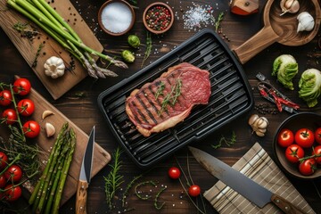 Top view of an iron grill with a beef steak, aromatic herbs and garlic surrounded by vegetables 