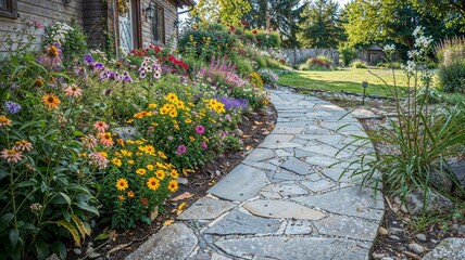 Stone Path Through Colorful Flower Garden
