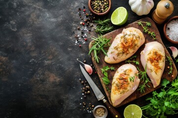 Top view of two chicken breasts on a cutting board surrounded by various ingredients for seasoning  - obrazy, fototapety, plakaty