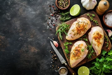 Fotobehang Top view of two chicken breasts on a cutting board surrounded by various ingredients for seasoning  © Straxer