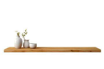 Three White Vases on Wooden Shelf. Three white vases arranged neatly on top of a wooden shelf.