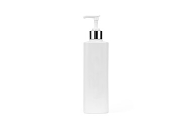 White unbranded dispenser bottle isolated on white background with clipping path, cosmetic packaging mockup with copy space