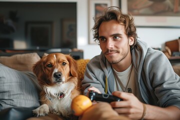 Smiling young man with curly hair holding a gaming controller sitting next to his loyal dog on a comfortable sofa
