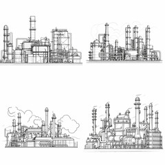 Chemical Plant Operations (Industrial Plant with Pipes and Tanks) simple minimalist isolated in white background vector illustration