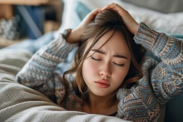A young woman appears to be suffering from discomfort or illness as she lies in bed, holding her head with a distressed look