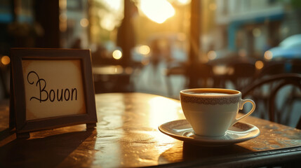 Coffee cup in a cafe in morning light and sign with written french word Bonjour meaning Hello and waiter in France
