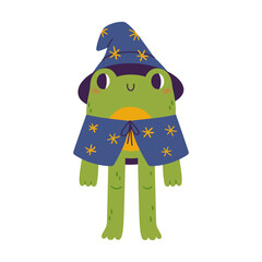 Cute frog wizard wearing a magic hat. Magic animal. Vector flat illustration isolated on white background.