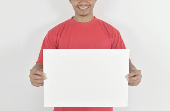 Delivery man holding blank paper with copy space, place for text image.