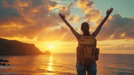 Fototapeta premium Confident woman with backpack with arms up relaxing at sunset seaside during a trip , traveler enjoying freedom in serene nature landscape 