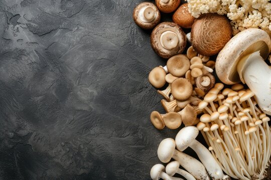 Top view of various kinds of edible mushrooms 