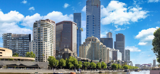 Australia scenic Melbourne downtown skyline panorama near Yarra River and financial business center.