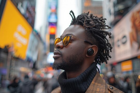Man listening music in a bustling cityscape, wearing advanced ANC earbuds with noise cancellation feature