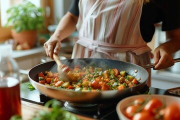 A home chef in a striped apron stirs a colorful mix of vegetables in a black skillet, showcasing healthy home cooking