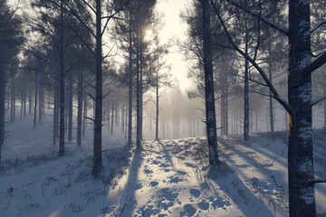 
a wood with full of long trees, UHD, 32k, winter