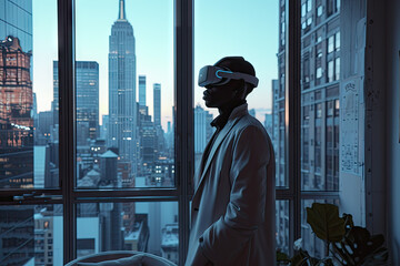 black tall man in his home office wit Vision Pro headset - obrazy, fototapety, plakaty