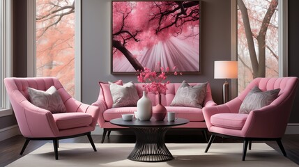 Pink Accent Chairs in Gray Living Room