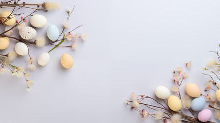 Minimalistyczne jasne tło na życzenia Wielkanocne. Alleluja - Wesołych świąt Wielkiej Nocy. Jajka, kwiaty i inne wiosenne dekoracje. - obrazy, fototapety, plakaty