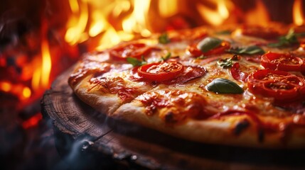 Close up of freshly baked Italian pizza in a wooden oven on blurred background