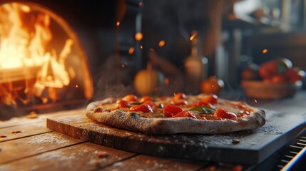 Close up of freshly baked Italian pizza in a wooden oven on blurred background - obrazy, fototapety, plakaty